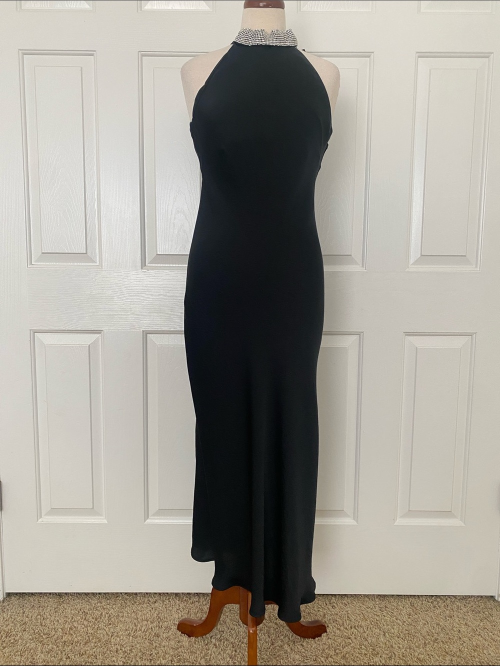 Zara Black Halter Maxi Dress with Rhinestone Collar Size M NWT